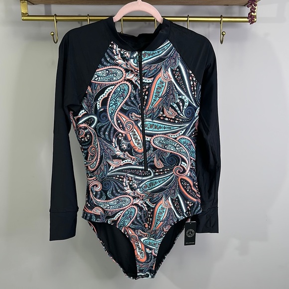 Relleciga - Black and Paisley Floral Long Sleeve Swimsuit - Picture 1 of 6